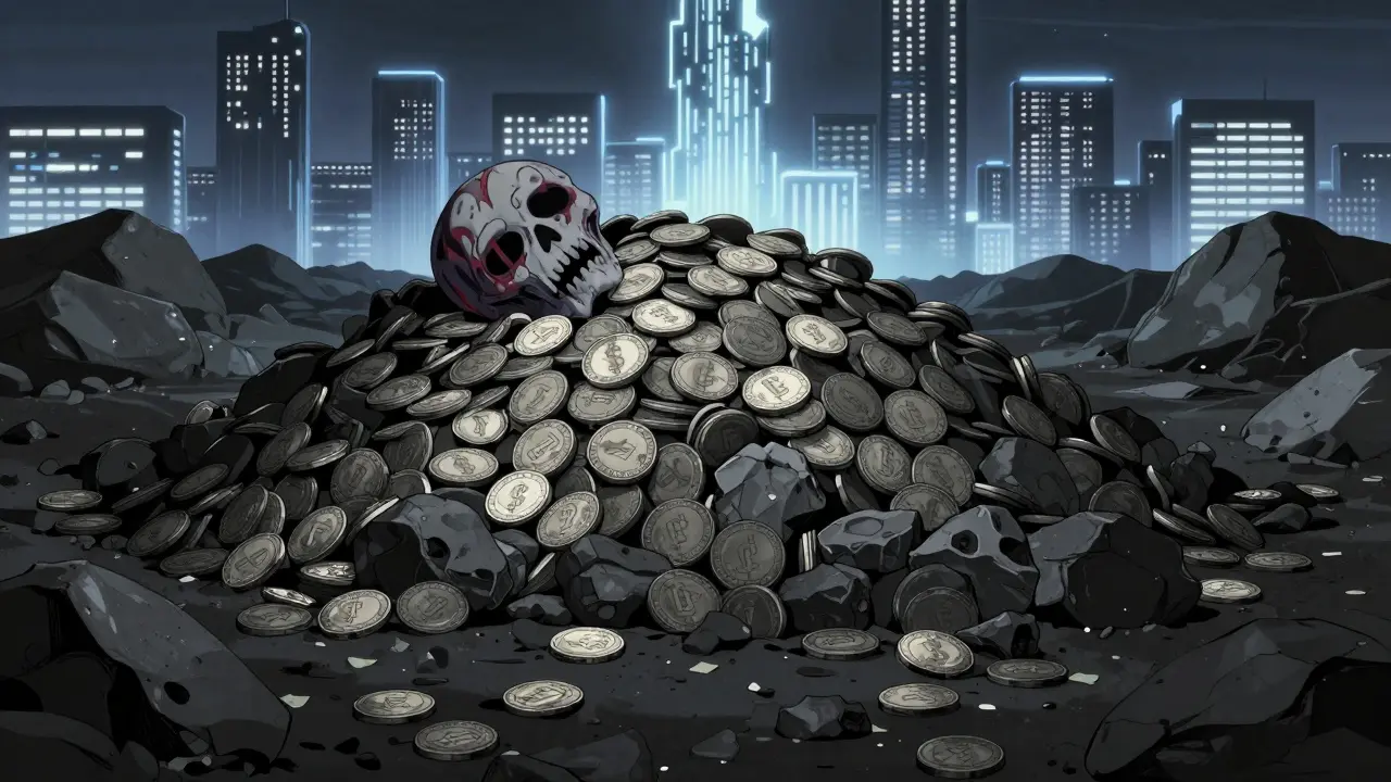 Anime figure buried under piles of worthless gray tokens