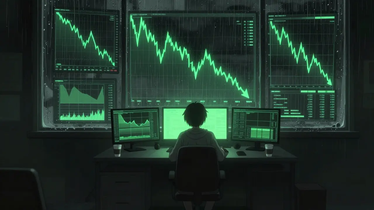 Anime figure looking at declining crypto charts in a dark rainy room