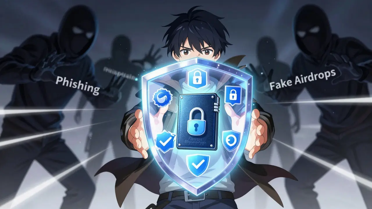 Anime hero protecting hardware wallet from shadowy scammer figures
