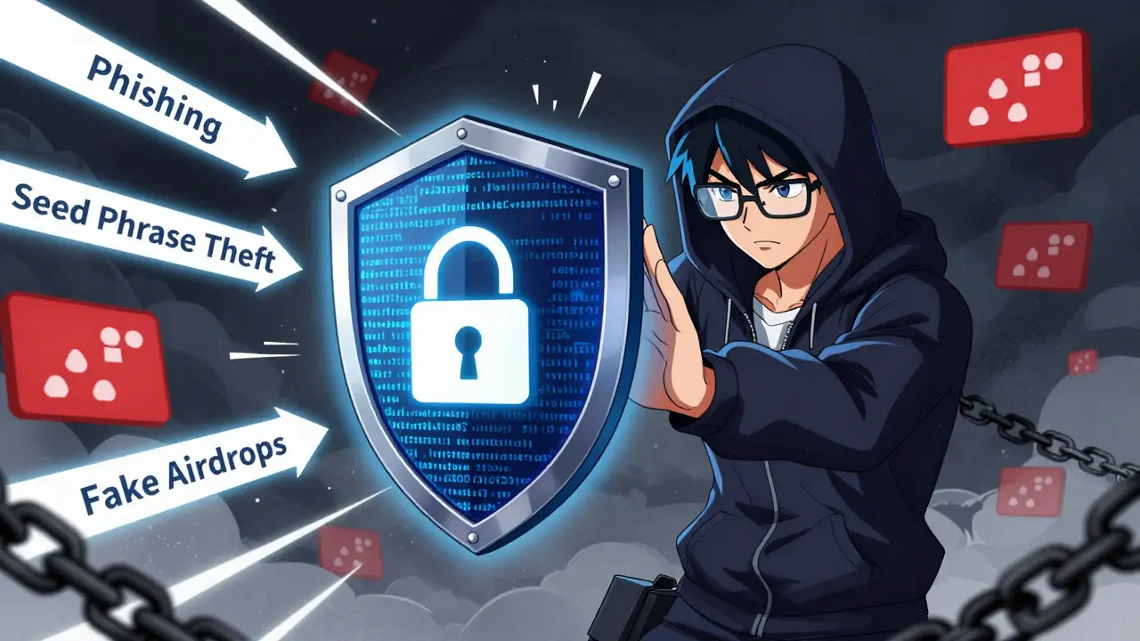 Anime hero shielding their crypto wallet from phishing attacks and scam alerts with a code barrier.