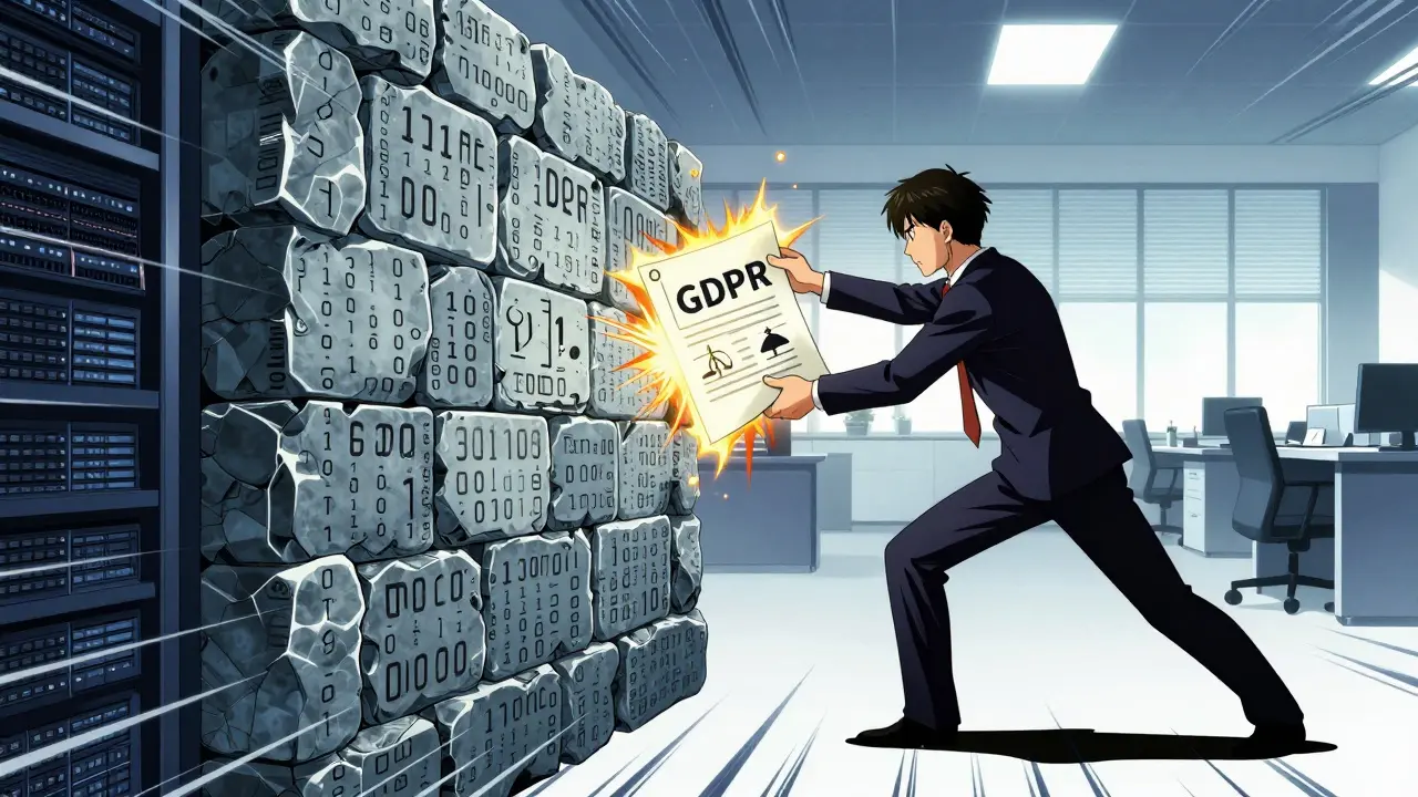 Anime illustration of a legal figure struggling against an unbreakable blockchain wall.
