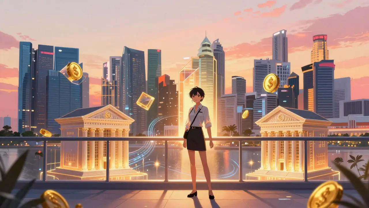 Anime illustration of tokenized assets floating over a futuristic Singapore skyline at sunset