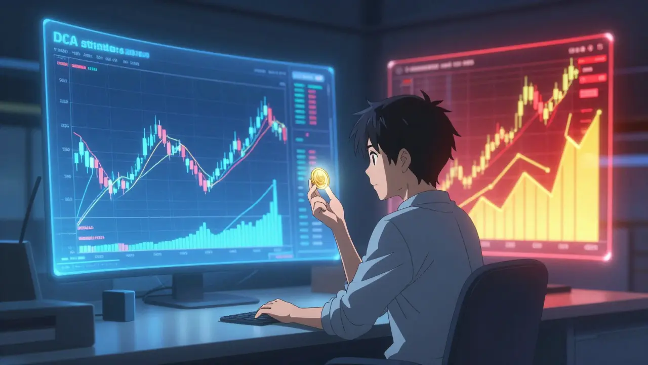 Anime investor analyzing charts amidst volatile market visuals