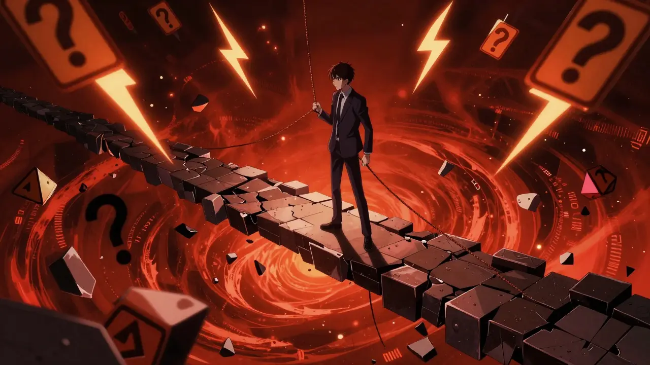 Anime investor standing on a crumbling bridge over a digital abyss