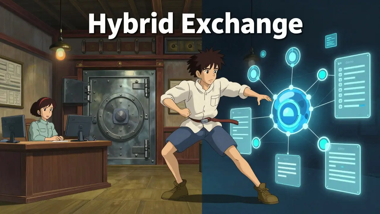 Anime manga style scene depicting the concept of a 'Hybrid Exchange'. Split composition: left side shows traditional centralized exchange elements (customer support desk, secure vault), right side shows decentralized finance elements (blockchain nodes, transparent ledgers). An anime protagonist bridges the two worlds. Dynamic action pose, sharp contrast, detailed background, studio Ghibli inspired lighting, crisp vector aesthetics.