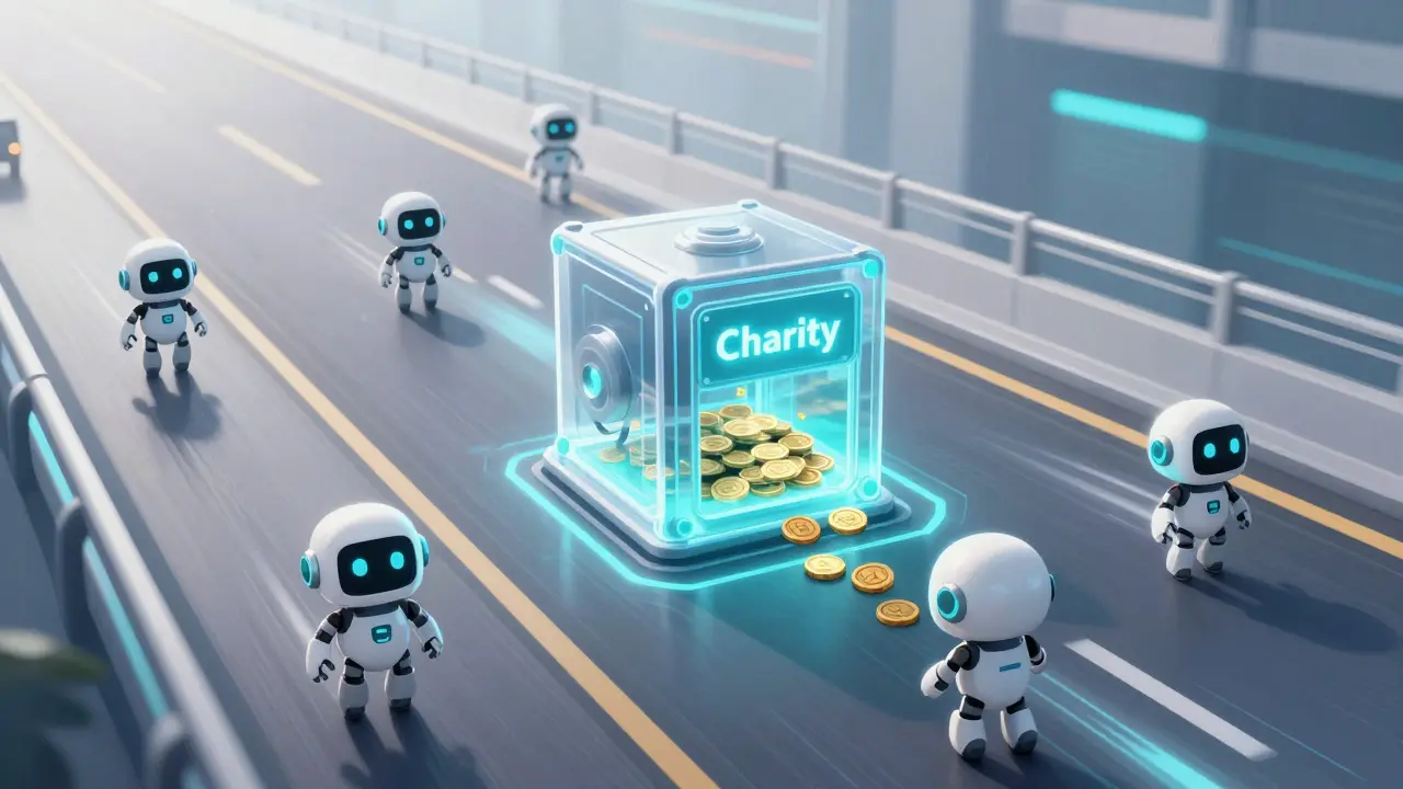 Anime robots on digital highway collecting coins for charity vault