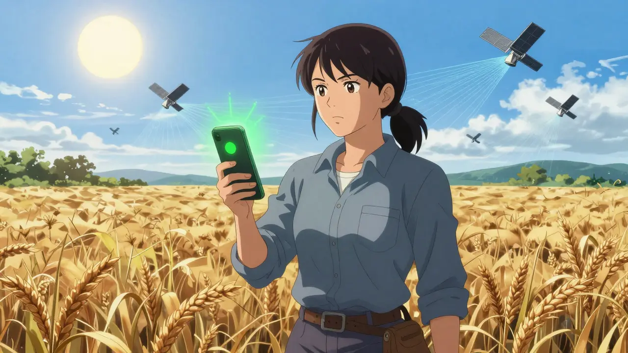 Anime style: Farmer receiving automatic insurance payout via smartphone