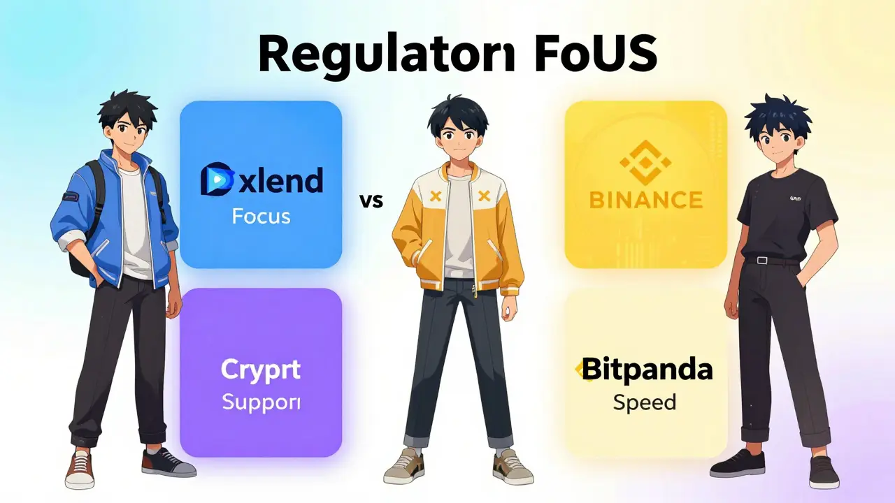 Anime style infographic visualization comparing Bxlend vs Binance vs Bitpanda. Three distinct anime avatars representing each platform stand next to floating data cards highlighting key features: Regulatory Focus, Crypto Support, Fiat On-Ramp Speed. Bright, colorful, easy-to-read typography integrated into the art, clean layout, vibrant energy, suitable for educational content, 4k detail.