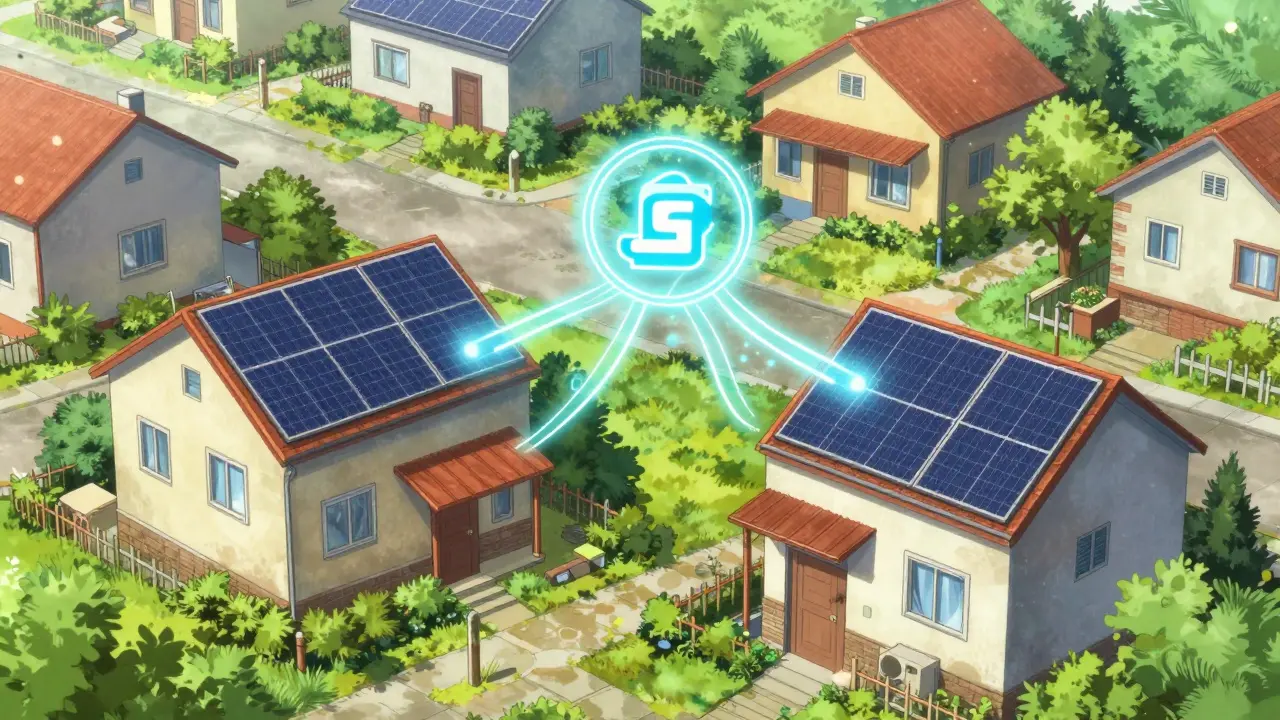 Anime style: Neighbors trading solar energy via glowing connection lines