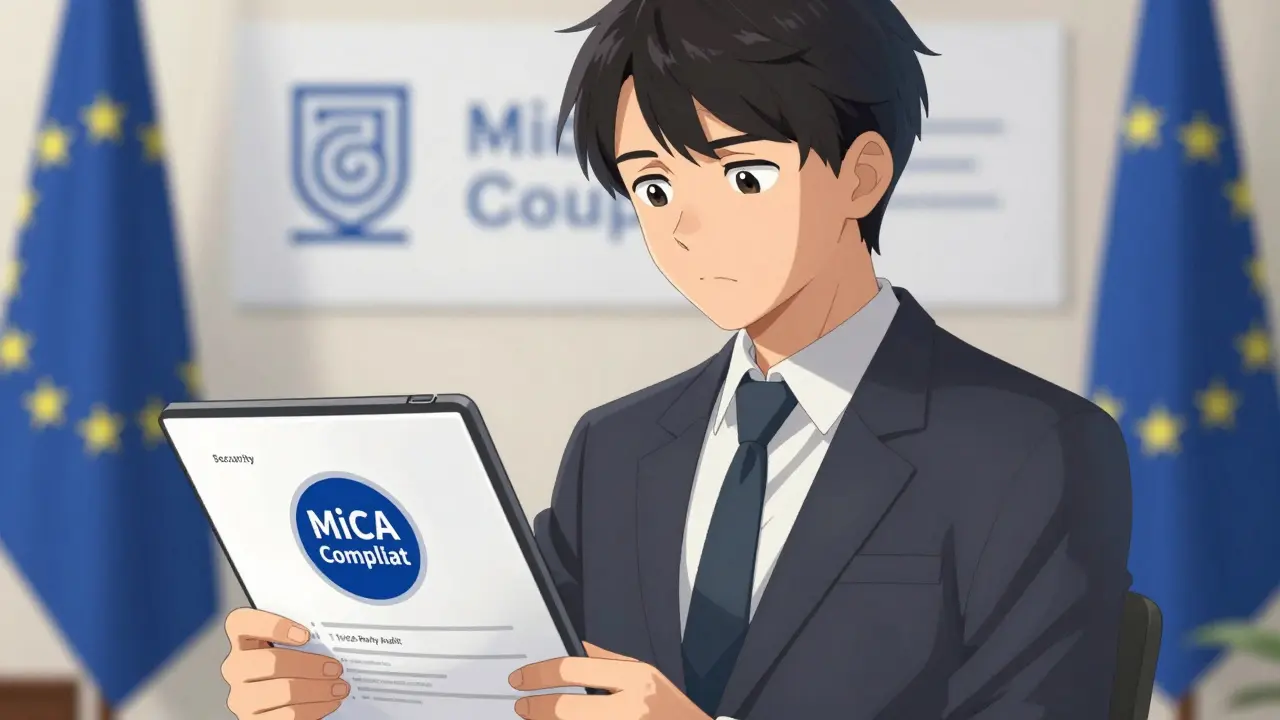 Anime style portrait of a cautious investor reviewing security documents. The character holds a tablet showing 'MiCA Compliant' badge but looks skeptical at missing 'Third-Party Audit' sections. Background features subtle EU flags and regulatory symbols. Soft shading, expressive eyes conveying doubt and prudence, professional yet accessible aesthetic, high-quality digital painting.