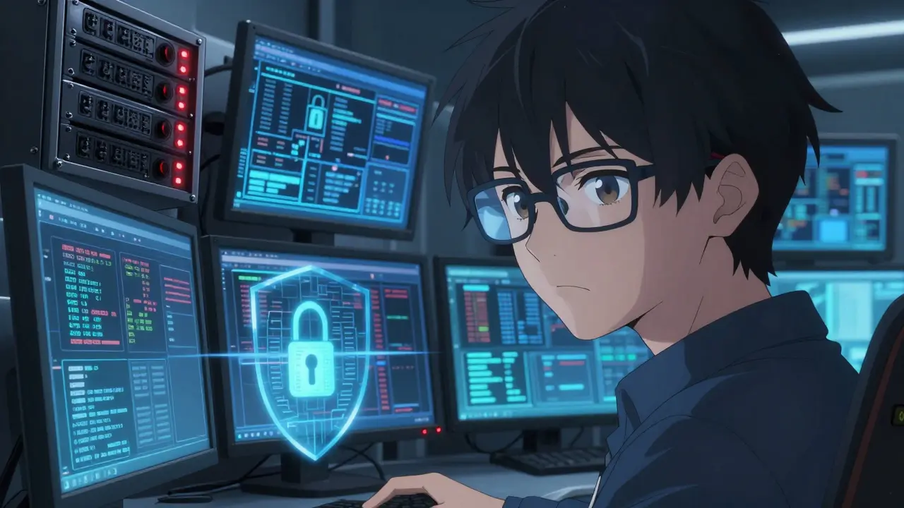 Anime-style security analyst monitoring encrypted crypto assets in a high-tech server room.