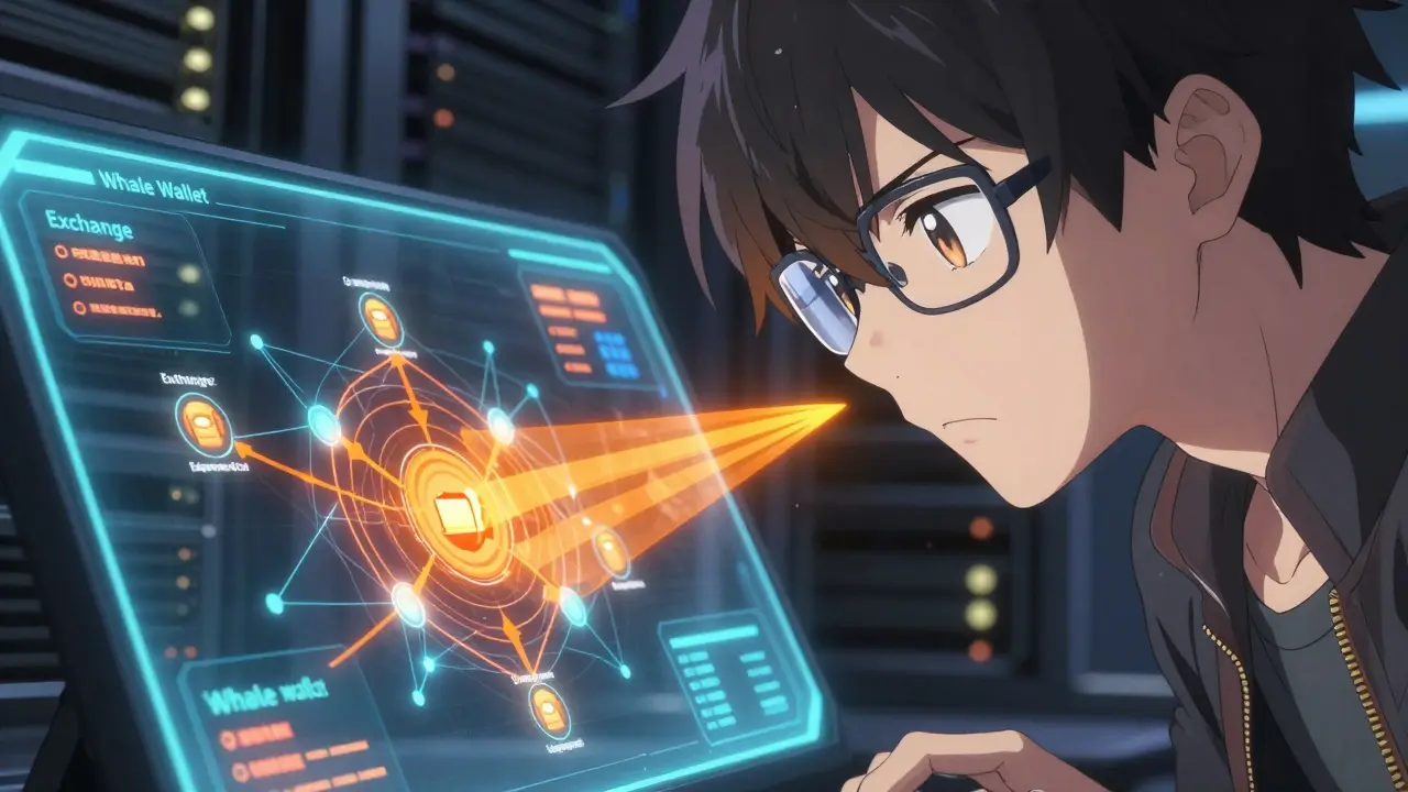 Anime trader monitors holographic screen showing large crypto transfer alerts.