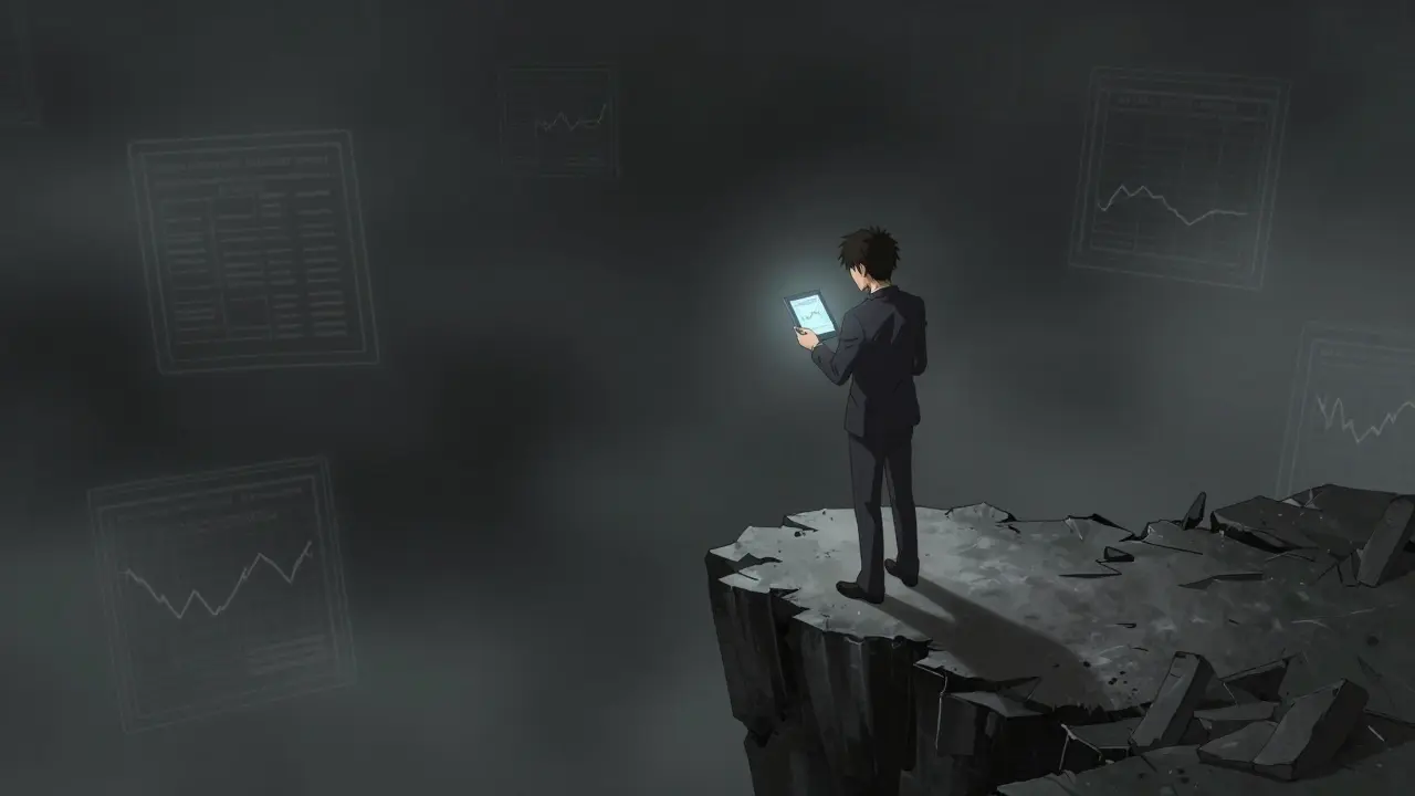 Anime trader standing on cliff edge looking at stagnant crypto chart in dark void