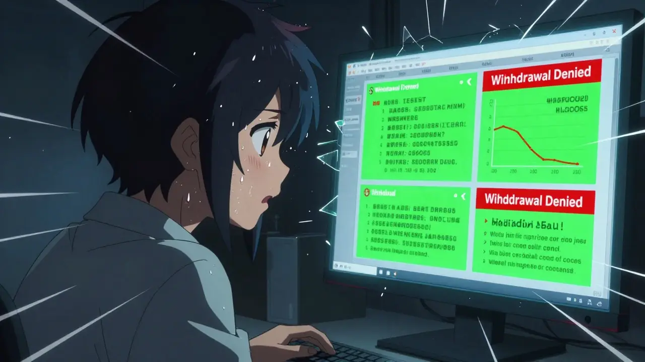 Anxious anime character seeing withdrawal errors on a trading screen