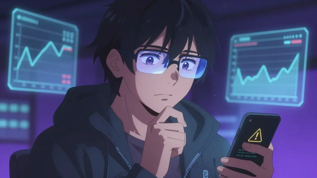 Cautious anime trader analyzing flat crypto trading charts
