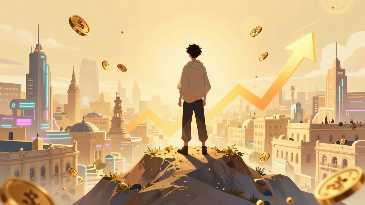 Character celebrating success on a peak overlooking a city