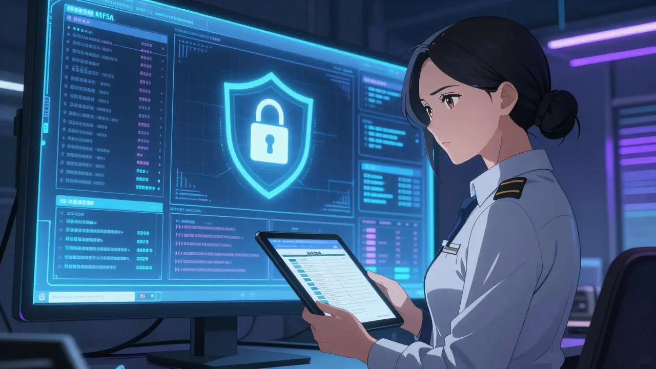 Compliance officer reviewing security data on a large screen