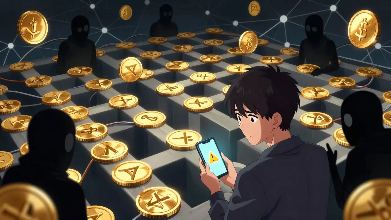 Confused investor navigating a maze of fake crypto tokens