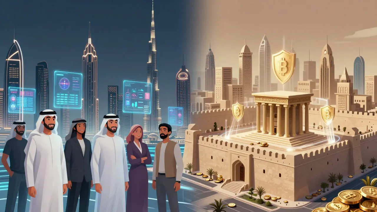 Contrasting anime cityscapes of crypto regulation in GCC