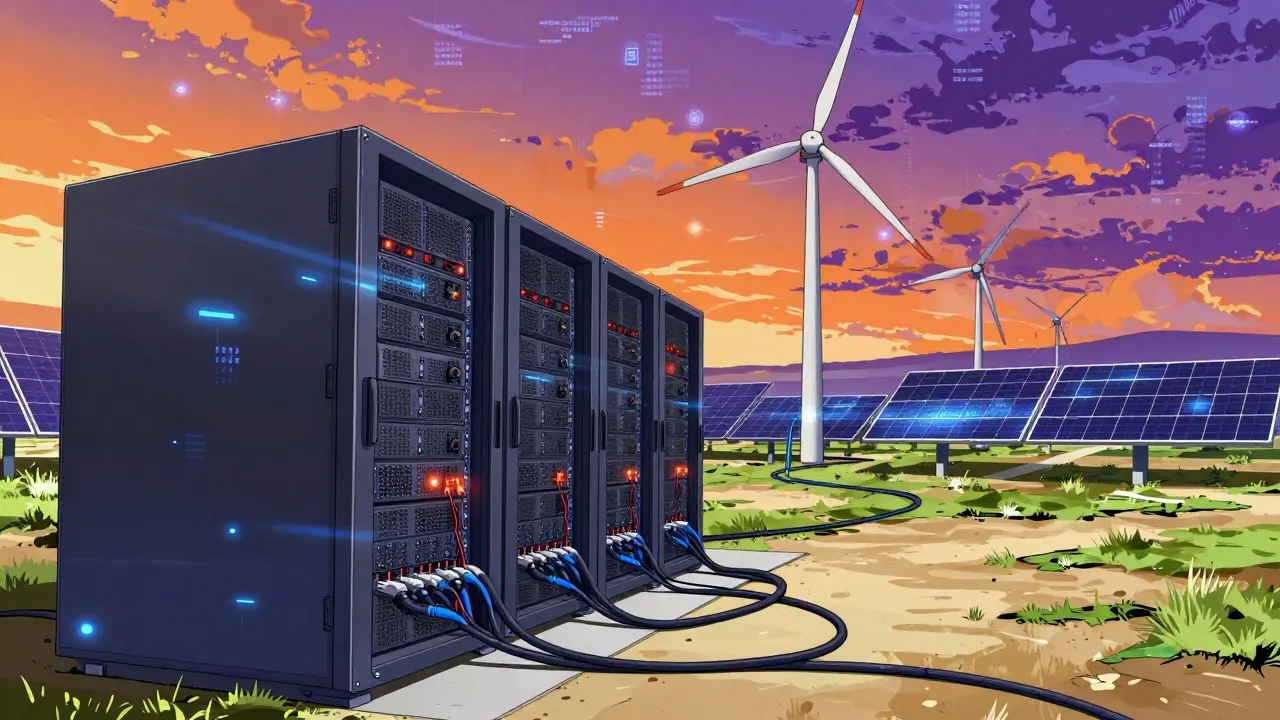 Crypto mining servers in Kazakhstan near wind turbines under a twilight sky