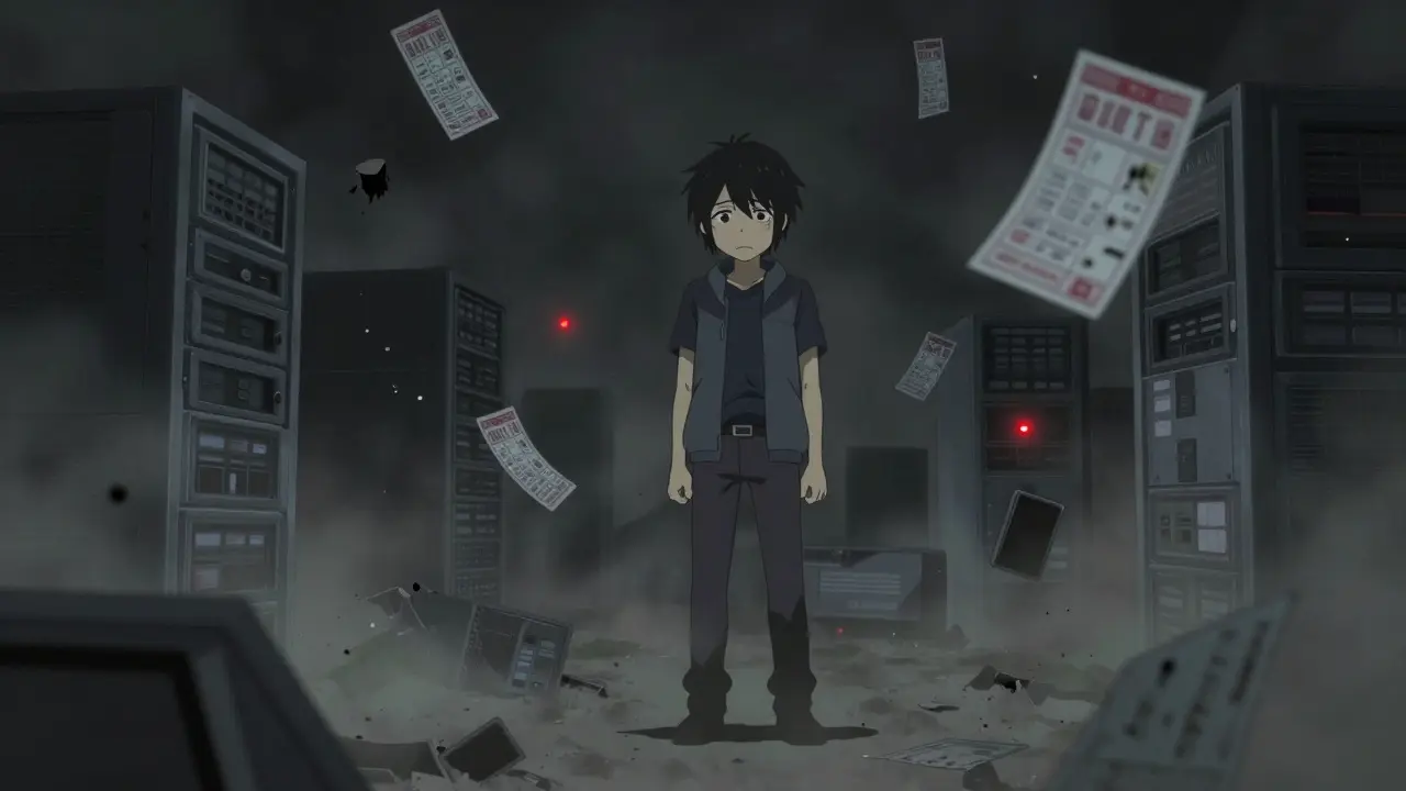 Desolate digital landscape with broken servers and faded tickets