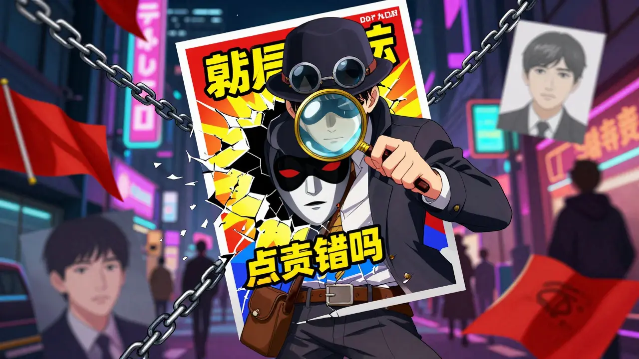 Detective examining cracked promotional poster revealing scam