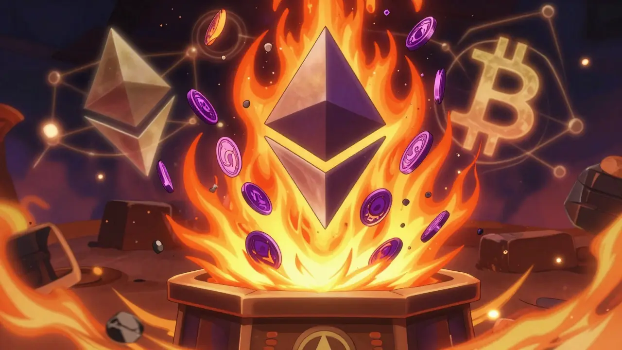 Fiery digital altar burning crypto tokens in anime style