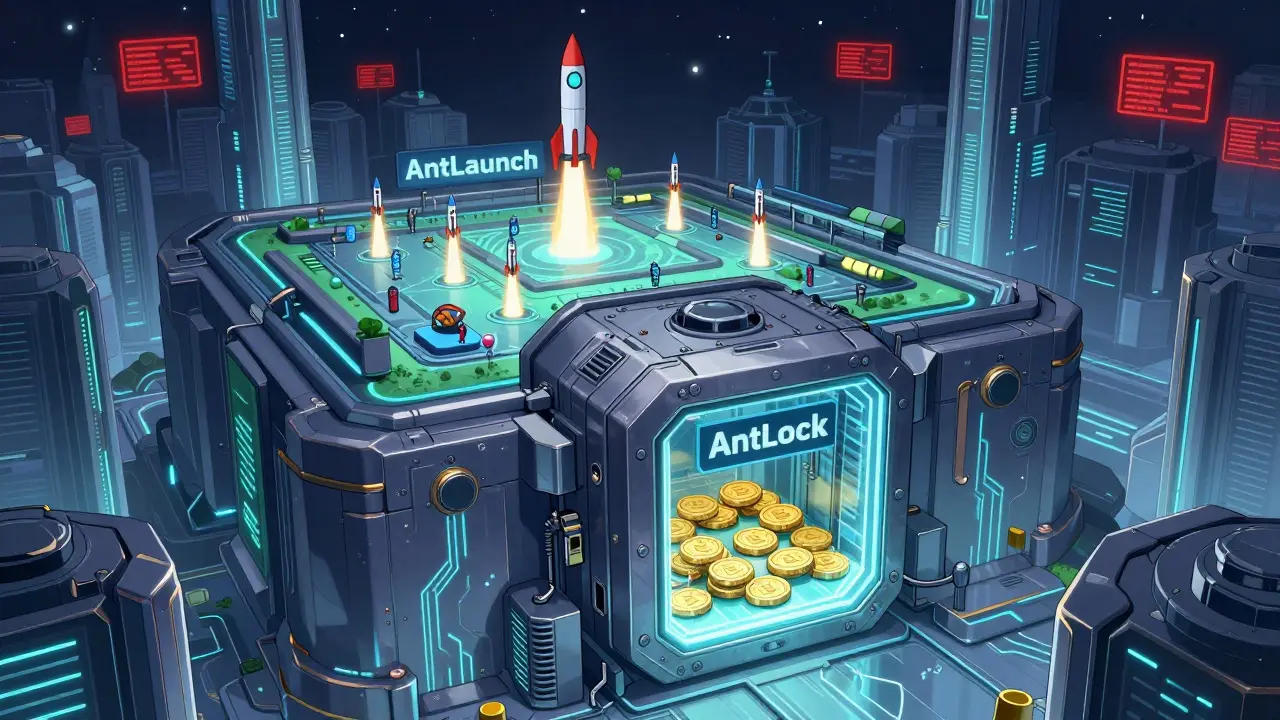 Futuristic anime illustration of token locking and launchpad security