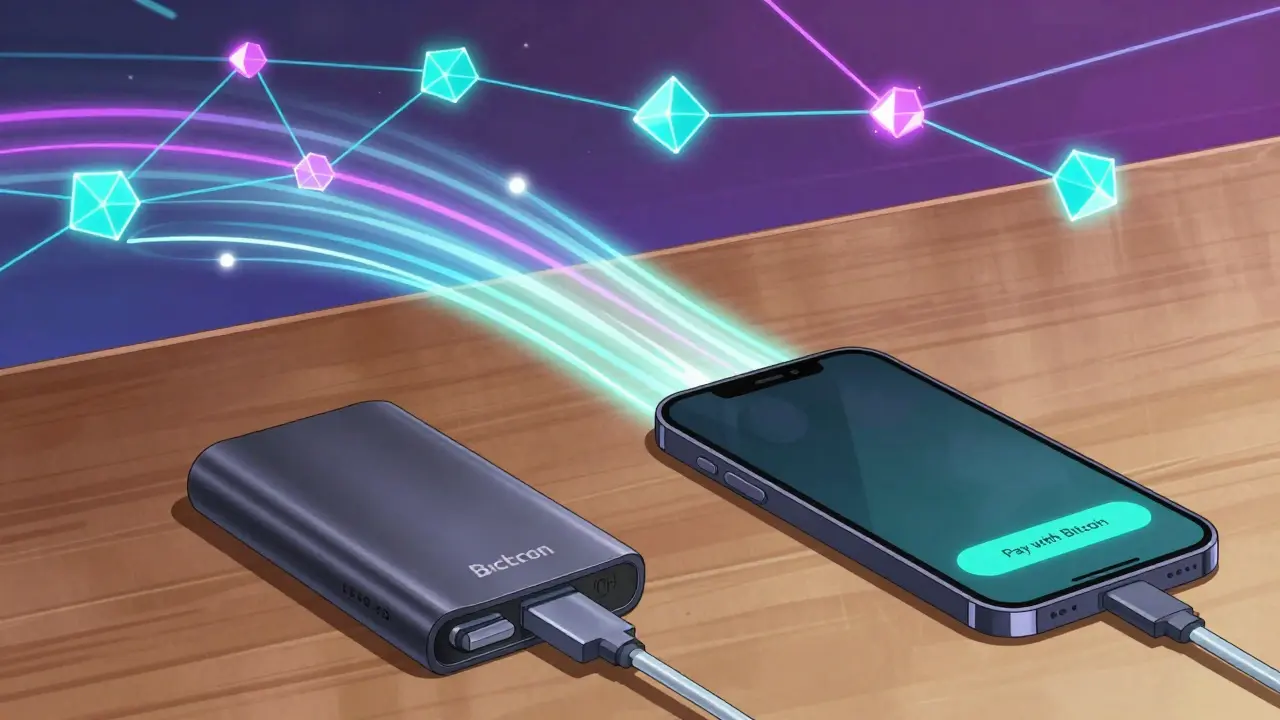 Futuristic hardware wallet connecting directly to a smartphone for crypto payment