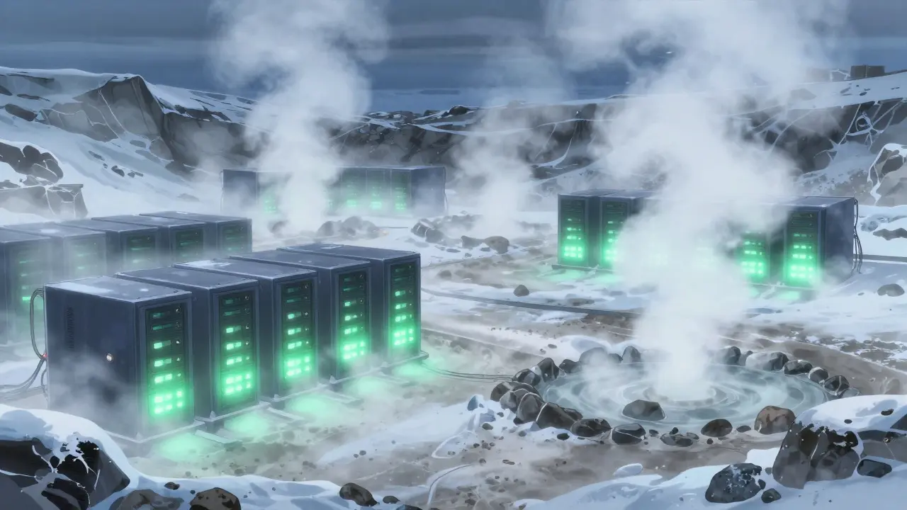 Icelandic mining farm using geothermal steam and cold air for cooling