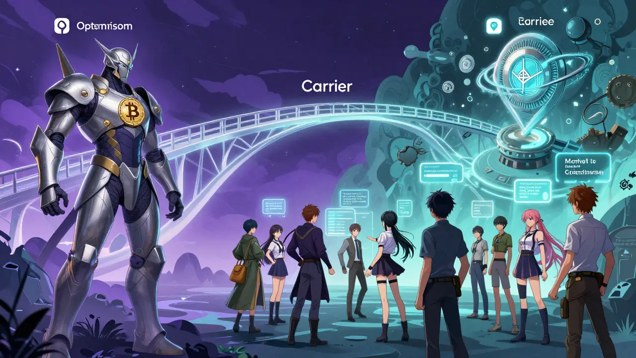 Manga style illustration of blockchain ecosystem partnerships and bridges