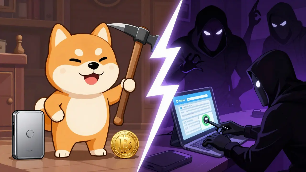 Manga-style split scene showing safe Dogecoin holding versus shadowy scammers stealing wallet data.