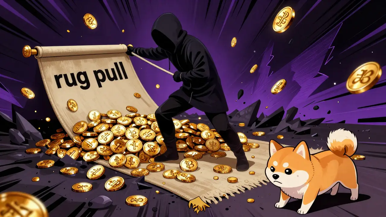 Mysterious figure pulling a rug causing coins to fall into a digital abyss