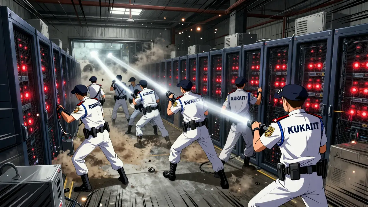 Police raiding illegal crypto mining farm in anime style