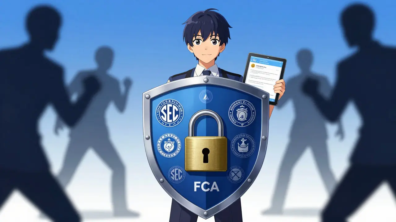 Protagonist protected by a shield of regulatory seals against scammers