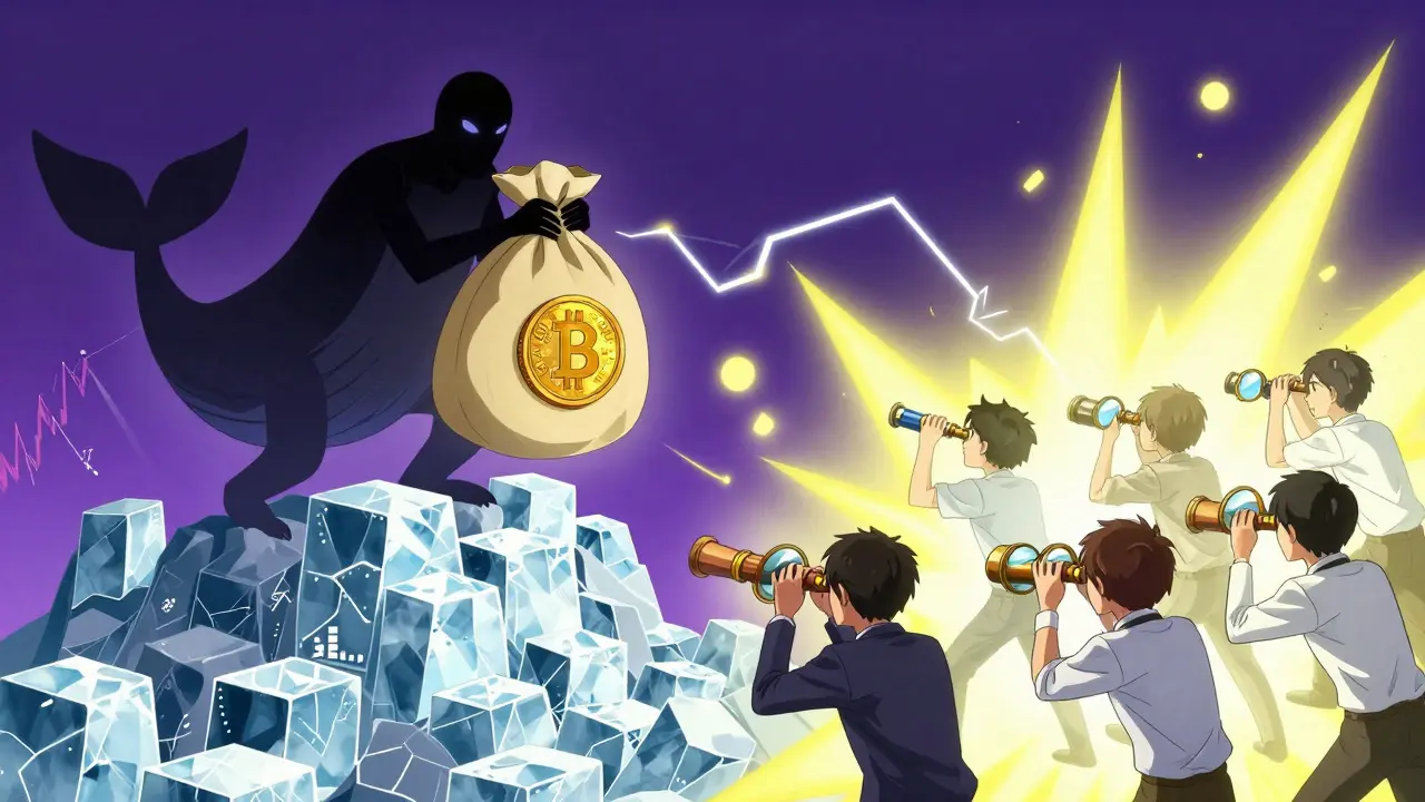 Shadowy whale hoards stablecoins while traders analyze market moves below.