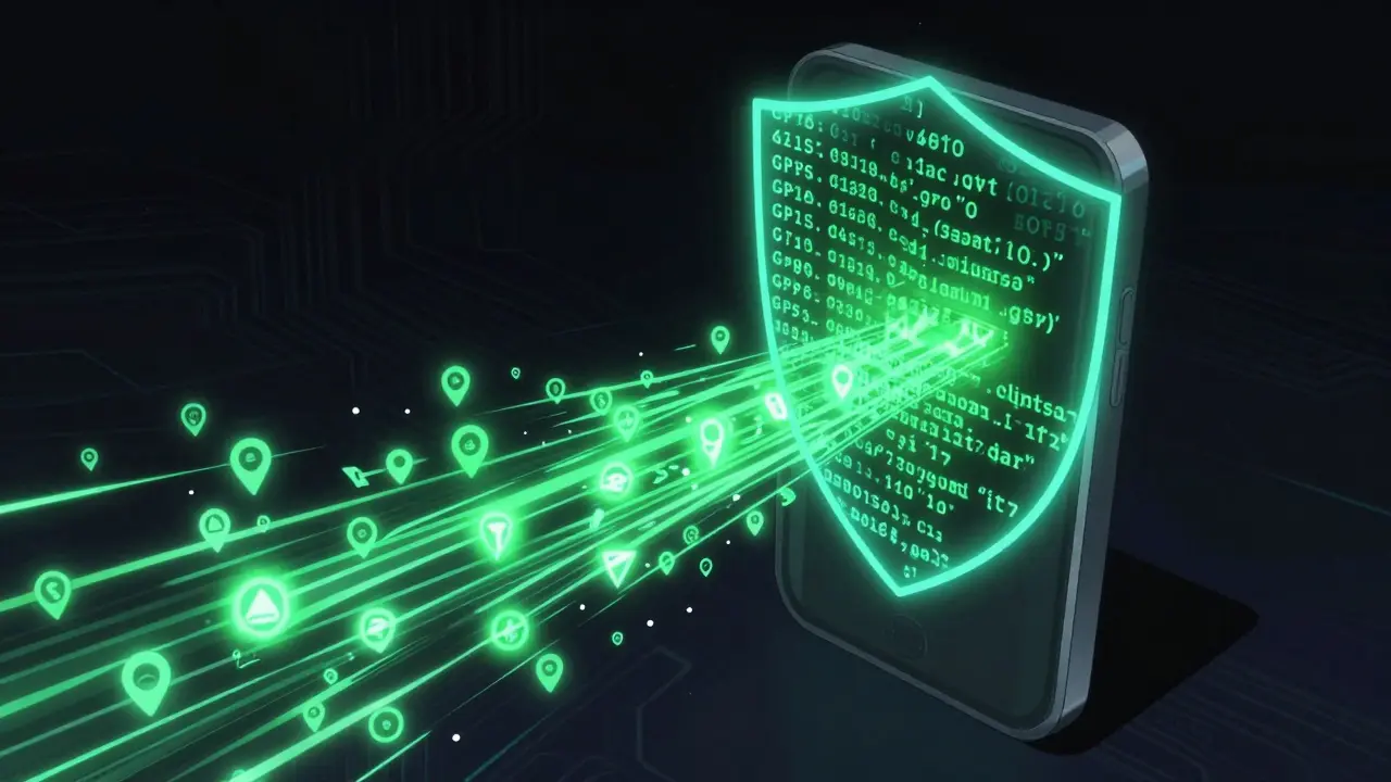 Smartphone emitting data streams blocked by a digital privacy shield