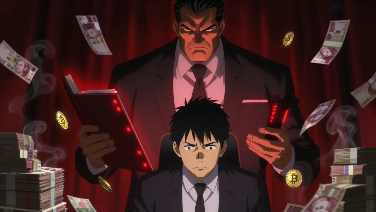 Stern tax official figure looming over anxious investor with glowing ledger