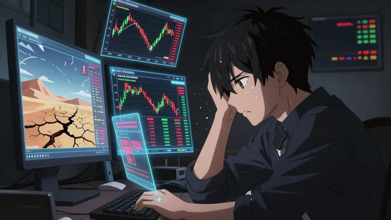 Stressed anime trader analyzing chaotic crypto charts and low liquidity warnings