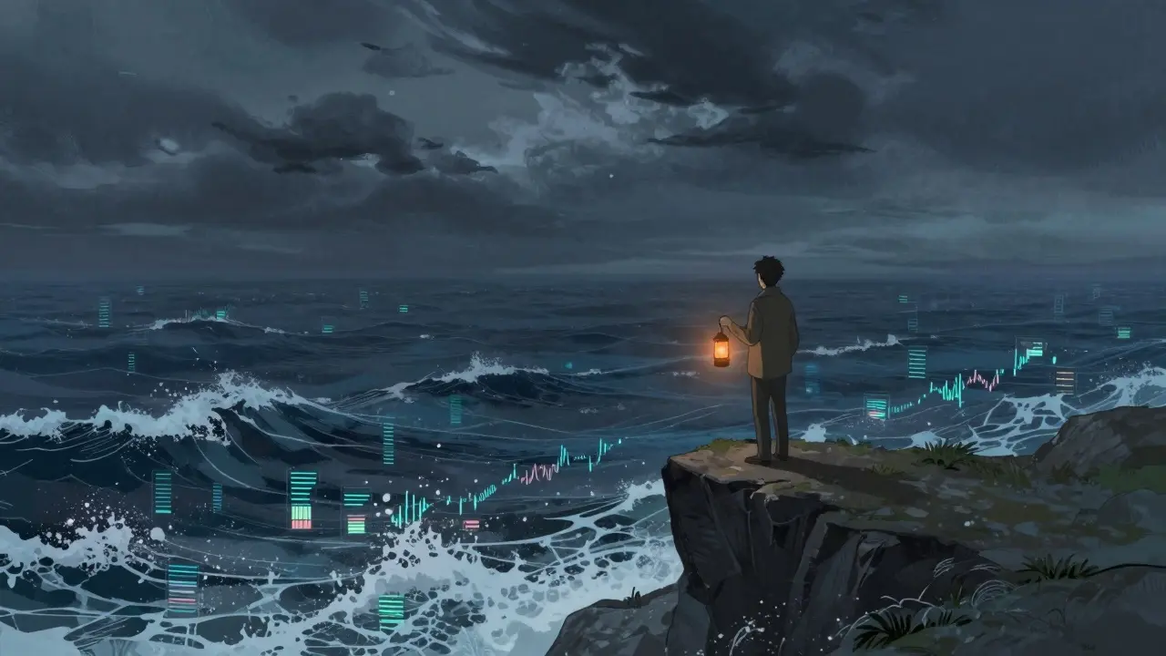 Trader facing stormy digital ocean symbolizing market risk