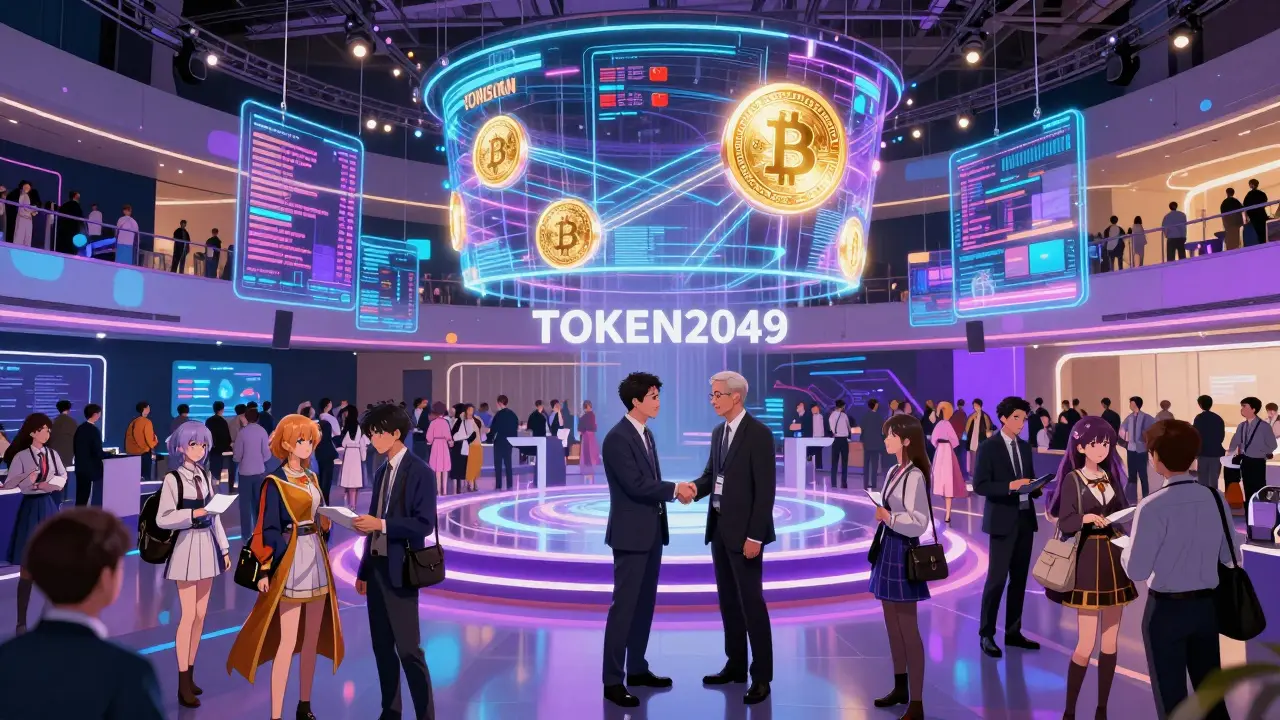 Vibrant anime scene of a massive crypto conference in Singapore with holograms and networking crowds