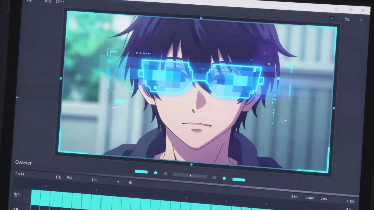 Video editing timeline with faces and plates blurred for anonymity