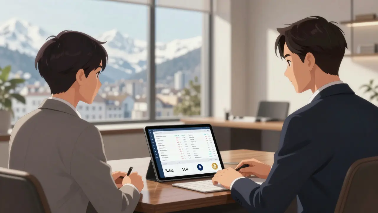 Wealthy client reviewing integrated crypto and traditional finance dashboard in Swiss office.