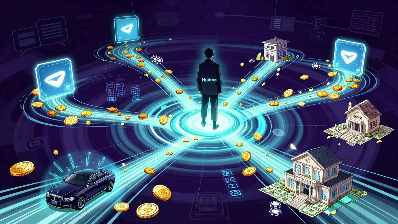 Abstract visualization of Huione's money laundering network.