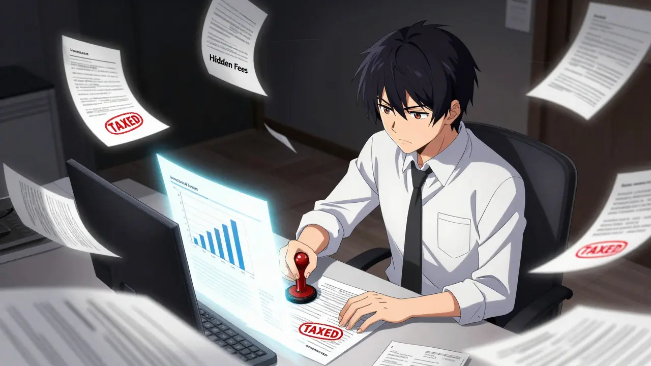 Anime accountant managing holographic tax records and avoiding traps