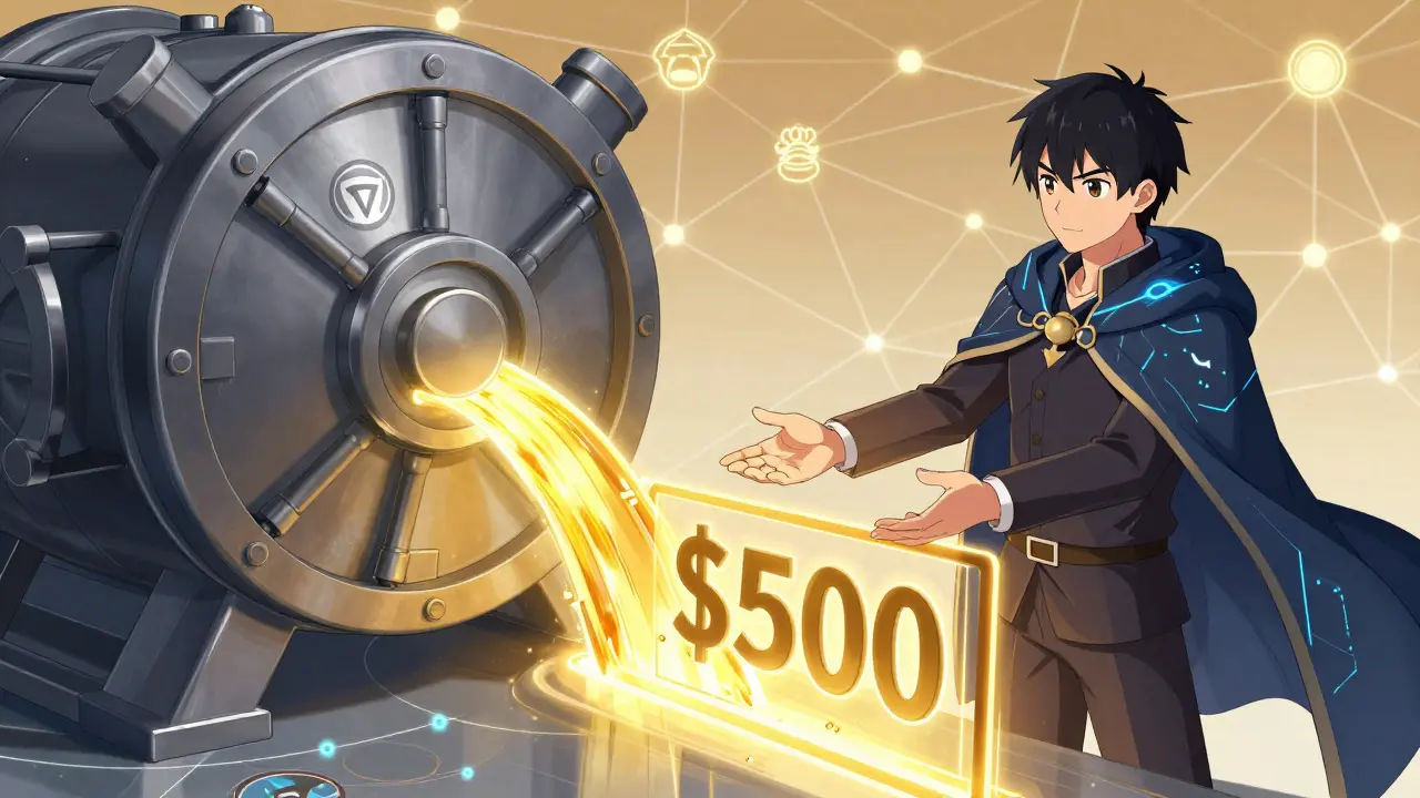 Anime avatar receiving profit rewards from DeFi vault gateway
