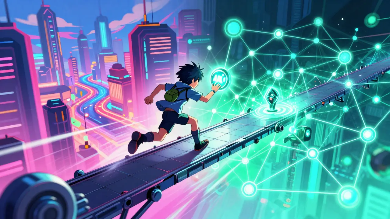 Anime avatar running across a blockchain bridge holding a glowing token