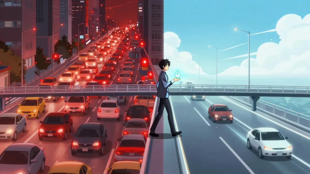 Anime character crossing a bridge from chaotic to efficient crypto networks
