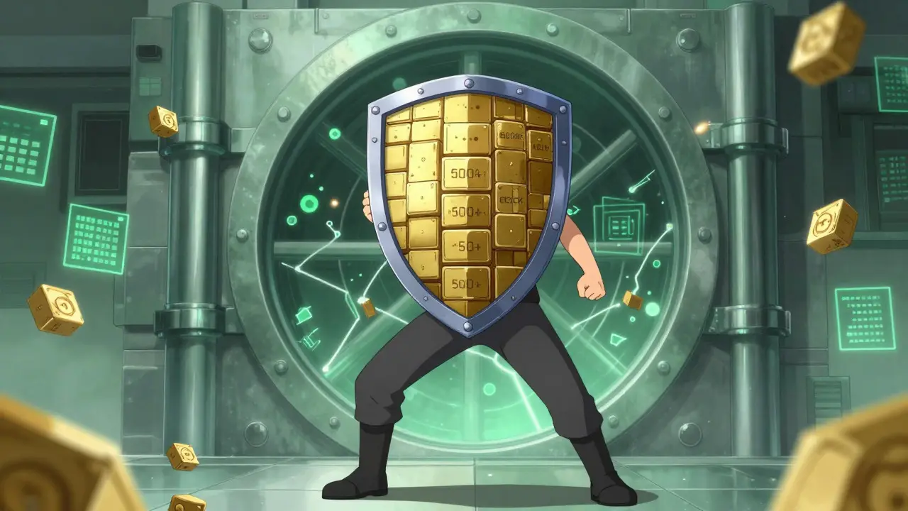 Anime character protecting crypto assets with a shield of many block confirmations.