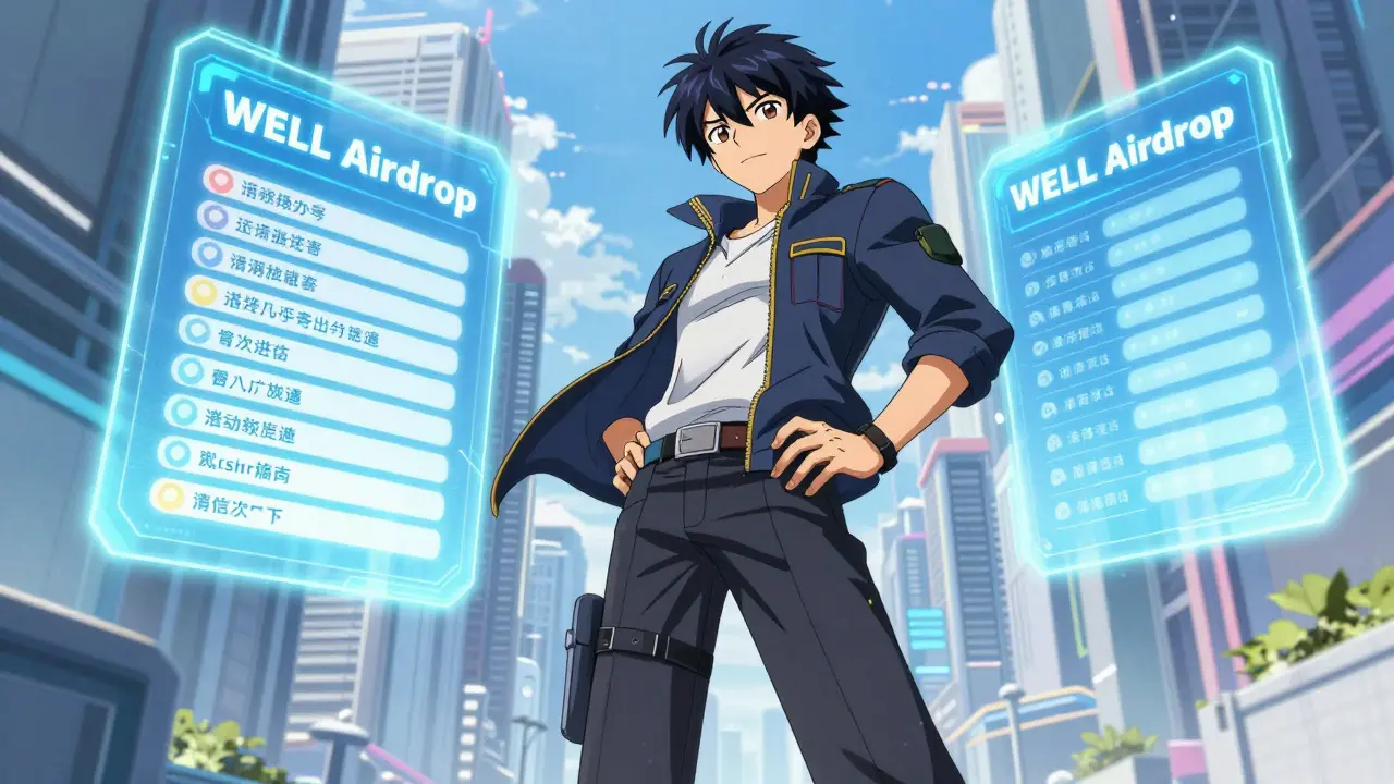 Anime character standing confidently before a digital backdrop displaying WELL airdrop information and qualification criteria, symbolizing preparedness and strategic planning.